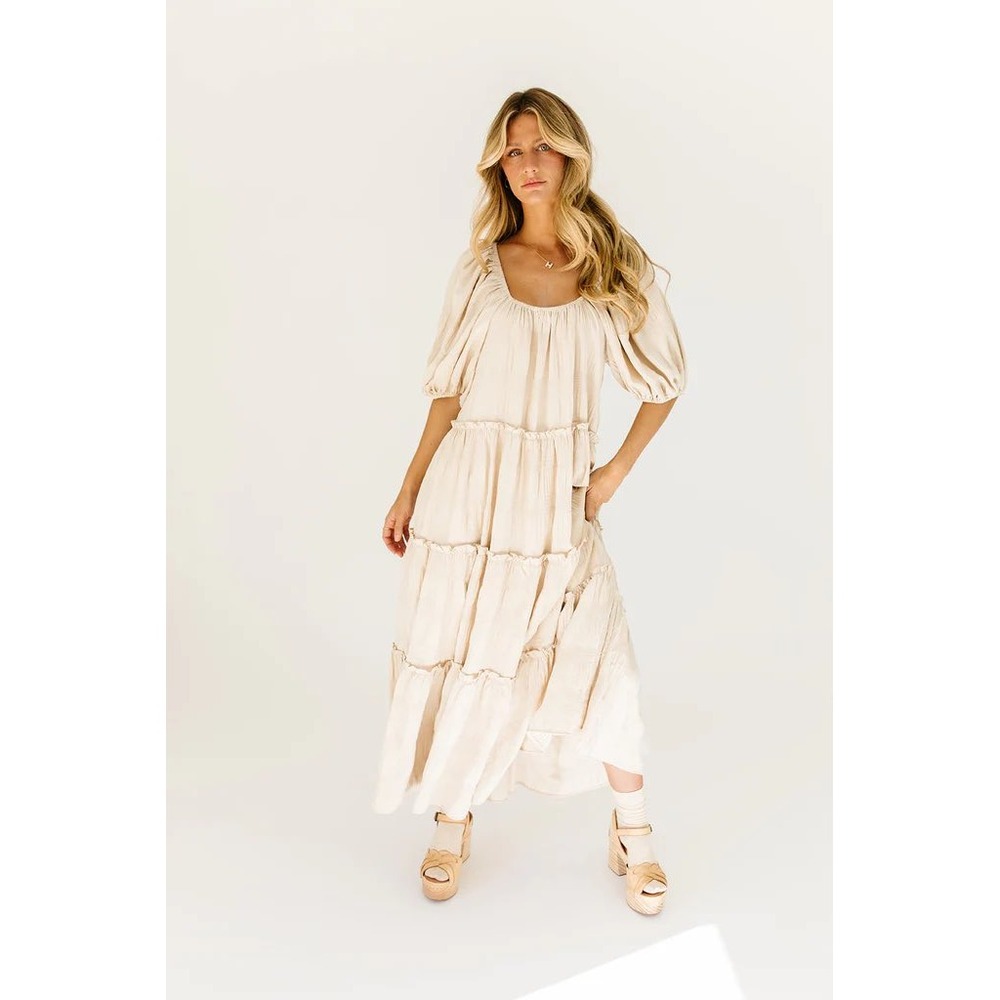 FORE Cream Tiered Maxi Dress Womens Large Short Sleeve Scoop Neck Boho Flowy